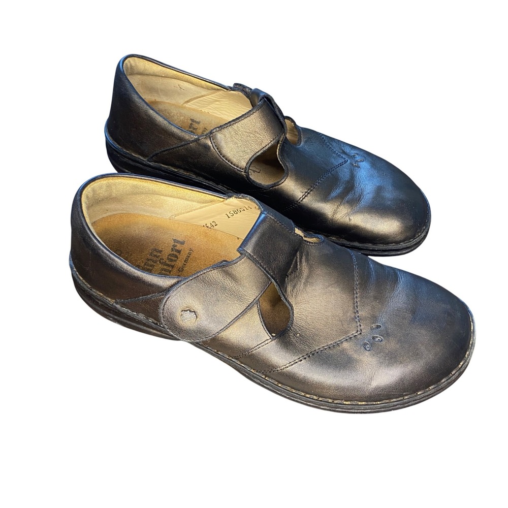 Finn Comfort Black Gold Leather Mary Jane Clogs Shoes EU 42 US Women 11.5-12